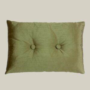 A James Hare Faux Silk - Olive Green, Buttoned pillow.