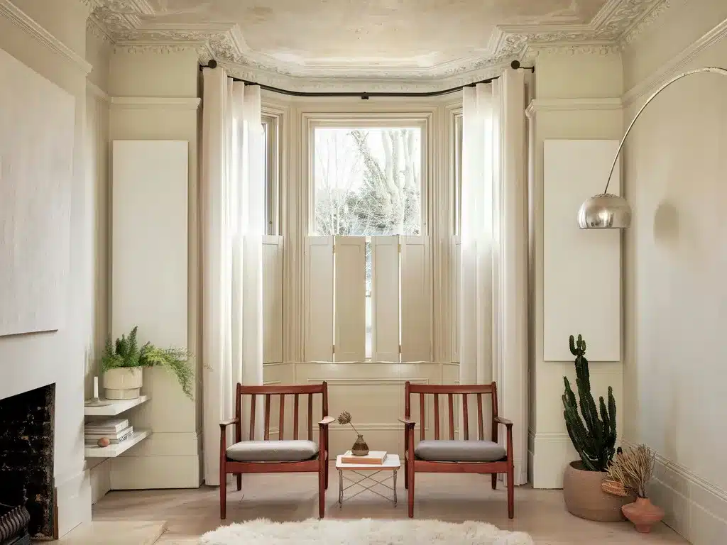 A living room with two chairs and a bay window.